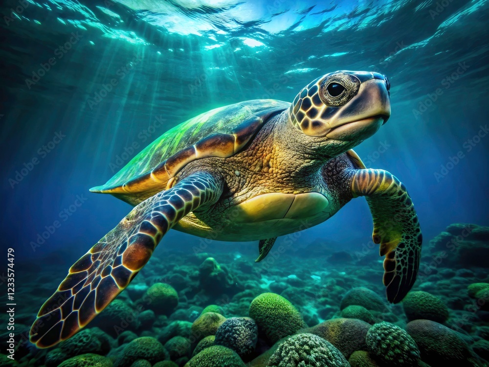 Fototapeta premium Deep-sea green sea turtles: majestic ocean predators, endangered marine life, showcased in stunning underwater photography.