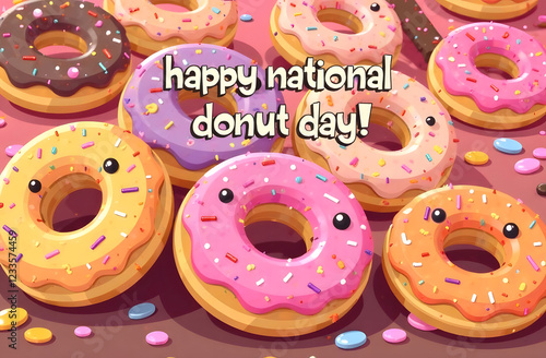 Happy National Donut Day Illustration Horizontal. Donuts with colorful icing and sprinkles are depicted. 