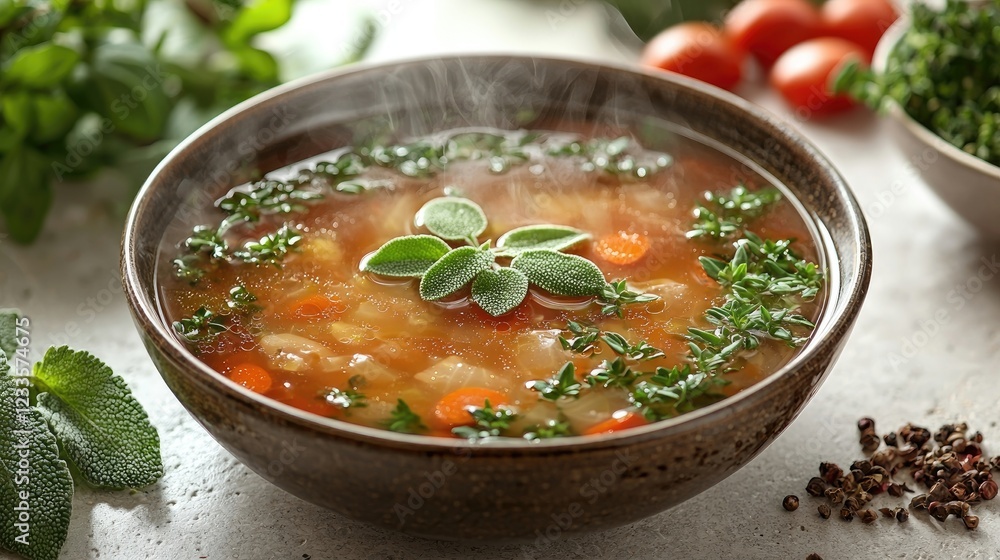 Fresh vegetable soup steaming in a bowl, garnished with herbs, surrounded by ingredients Fresh vegetable soup steaming in a bowl, garnished with herbs, surrounded by ingredients