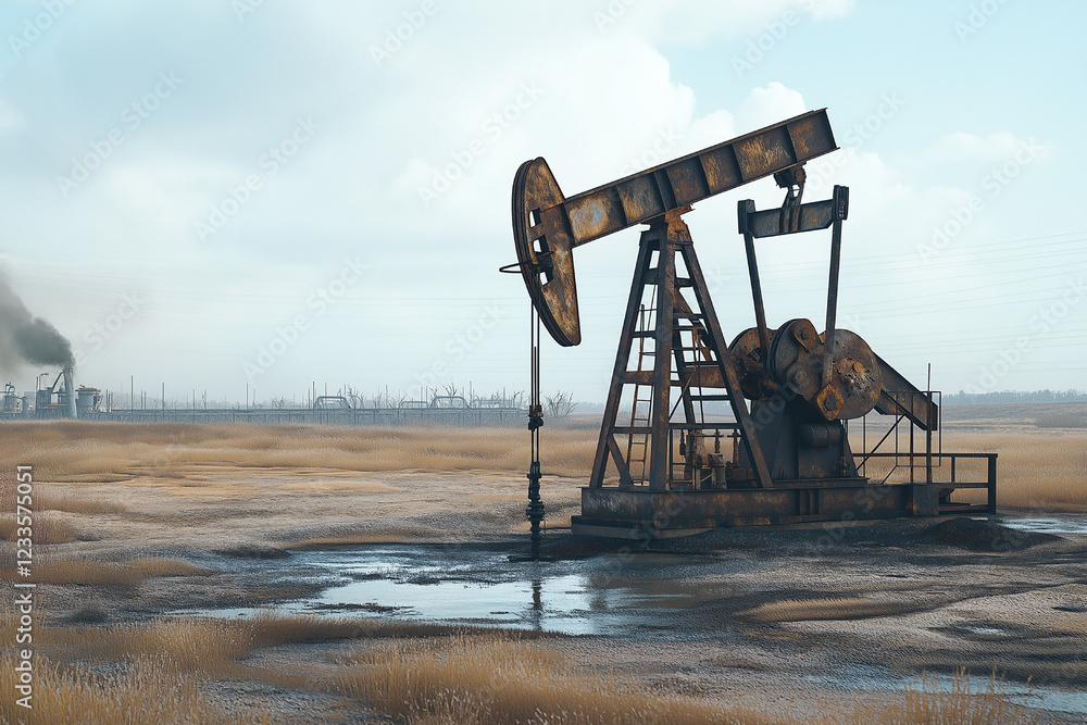 Rusting Oil Pump in Desolate Landscape: Environmental Impact Rusting Oil Pump in Desolate Landscape: Environmental Impact