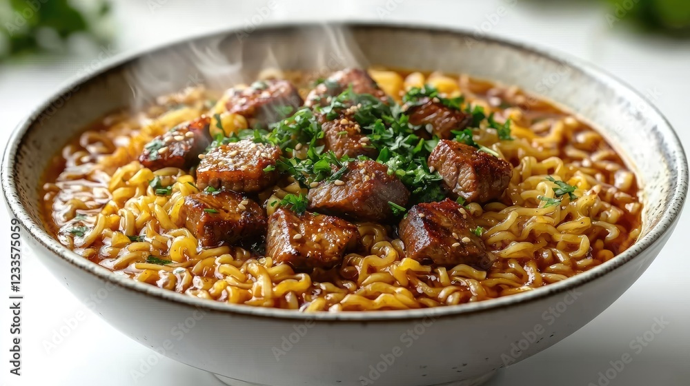 A steaming bowl of savory noodles topped with tender beef and fresh herbs, ready to enjoy A steaming bowl of savory noodles topped with tender beef and fresh herbs, ready to enjoy