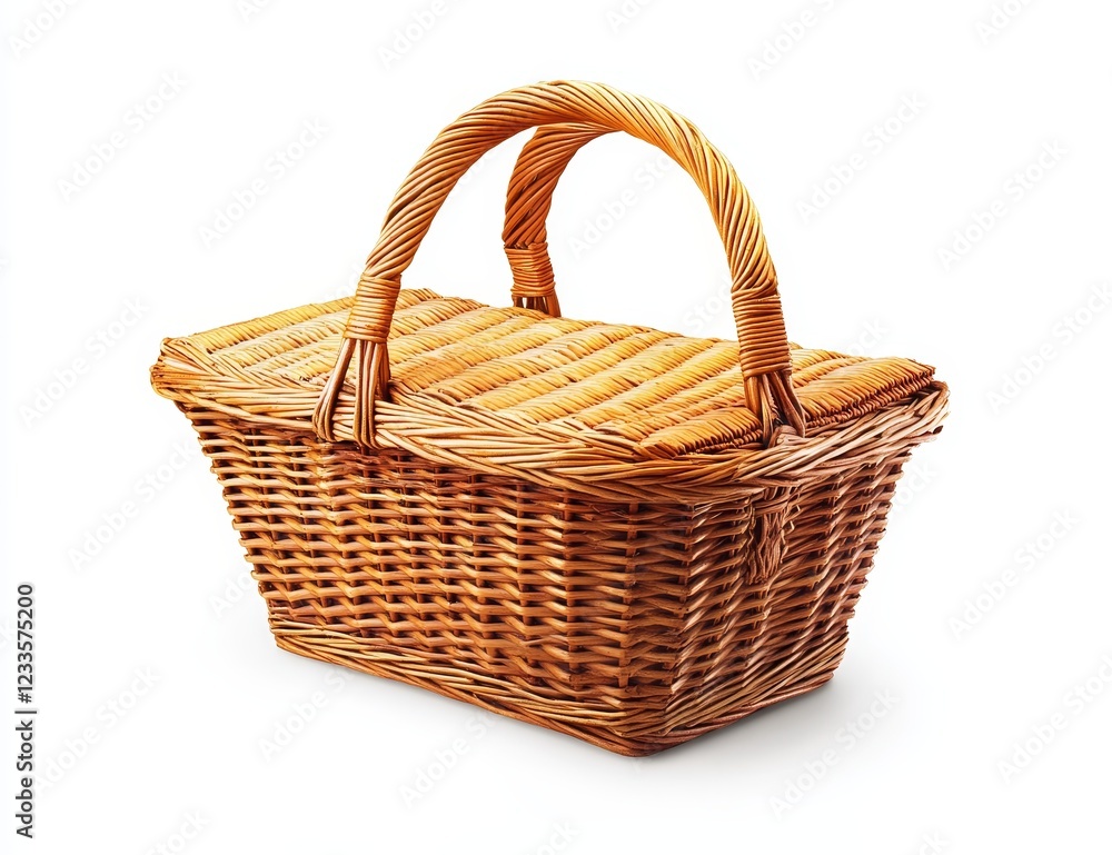 Obraz premium Rectangular wicker picnic basket with lid and handles, isolated on white background.