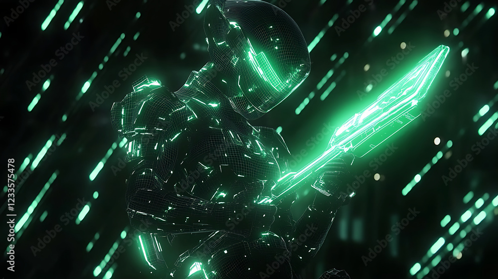 Glowing Neon Warrior in Futuristic Rain