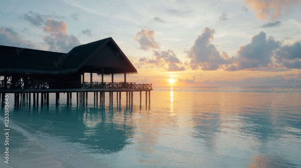 Fototapeta premium Romantic Sunset Beach Overwater Bungalow Tropical Seascape