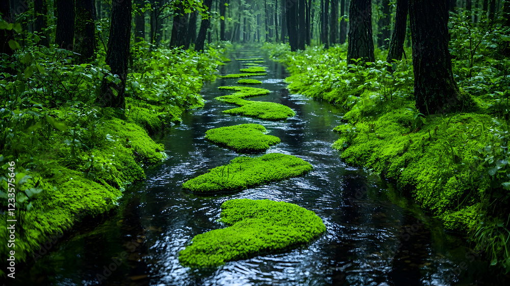 Heart-shaped moss path, forest stream, misty morning, nature scene Heart-shaped moss path, forest stream, misty morning, nature scene