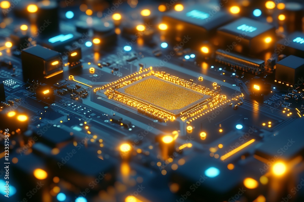 Obraz premium Glowing Circuit Board Showcasing Advanced Microchip Technology for Modern Computing : Generative AI