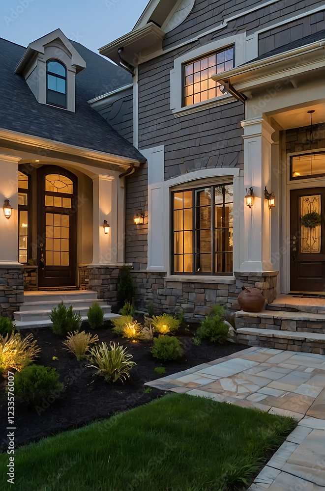 Obraz premium Luxury Home Exterior at Night: Modern Architecture, Elegant Design, and Landscaped Garden