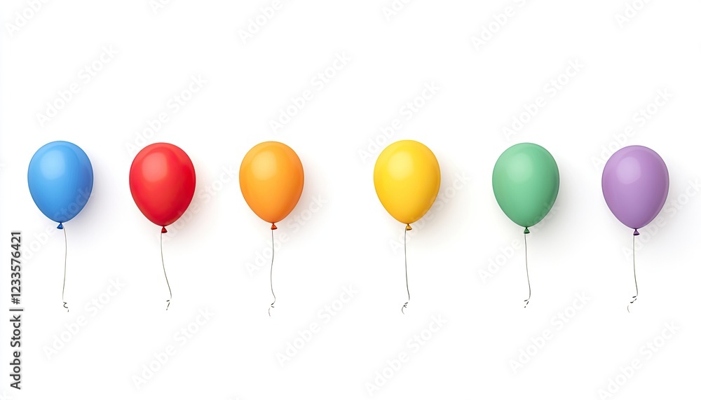 Colorful balloons in a row against a white background, ideal for celebration themes and events Colorful balloons in a row against a white background, ideal for celebration themes and events