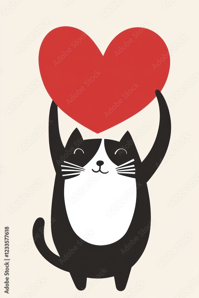 Cute cat with red heart for Valentine’s Day greeting card design Cute cat with red heart for Valentine’s Day greeting card design