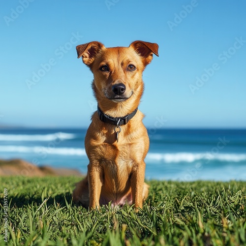 Happy dog poses on the beach near the ocean. photo