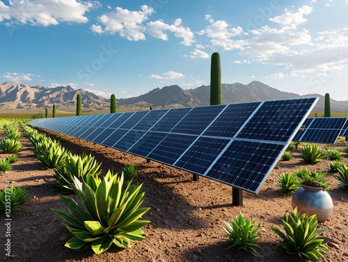 Green Tech concept. Solar panels in a desert landscape, surrounded by cacti and mountains under a bright sky, showcasing renewable energy solutions. photo