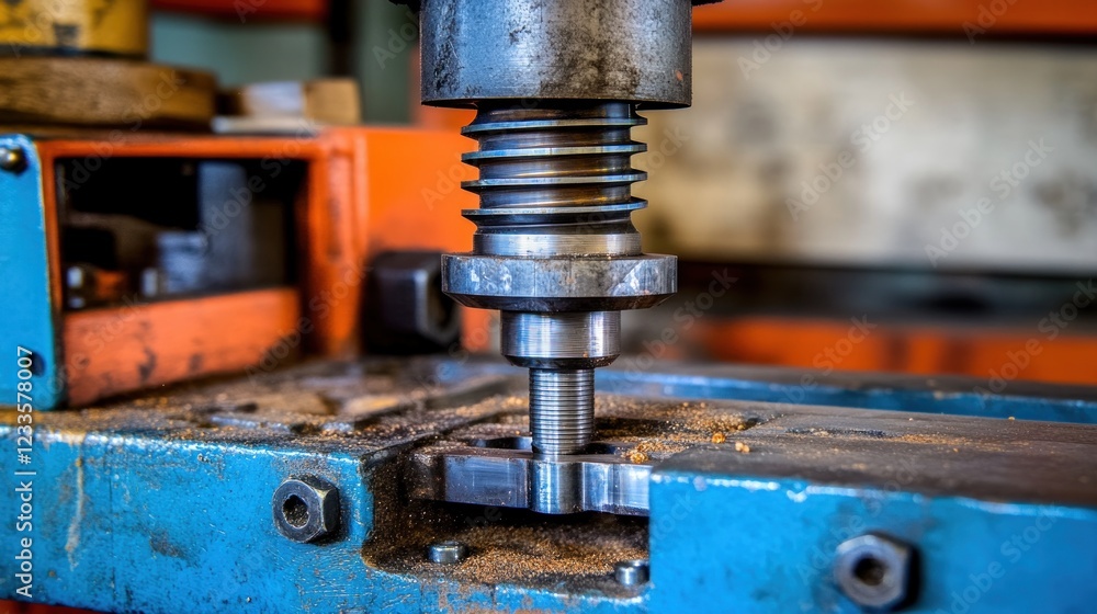 Close-up of industrial metalworking machine drilling a metal part. Close-up of industrial metalworking machine drilling a metal part.