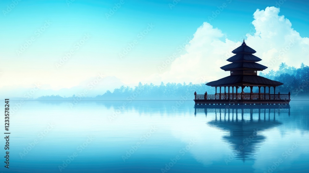Obraz premium Simple Vector Poster of Balinese Temple with Lake Reflection