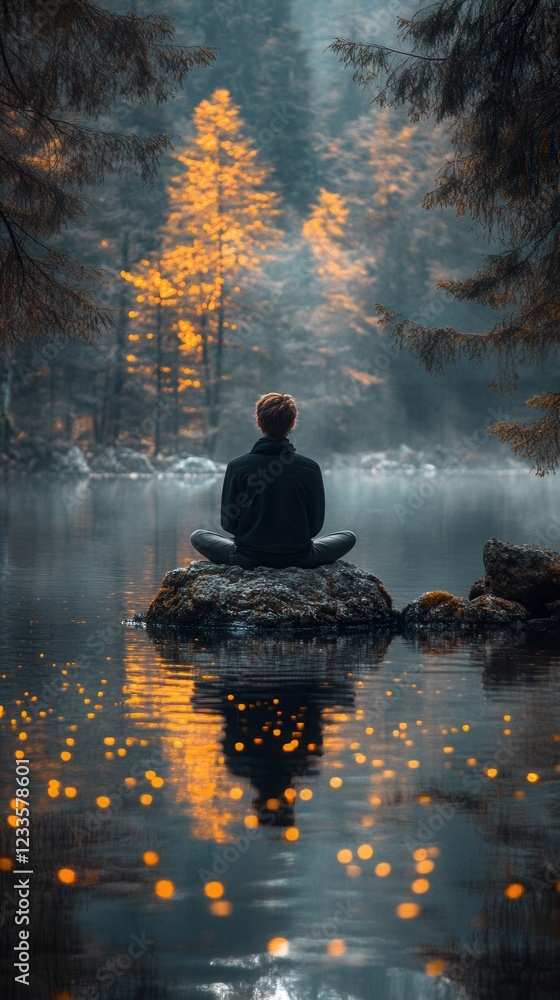 Person meditating by serene water reflections. Person meditating by serene water reflections.