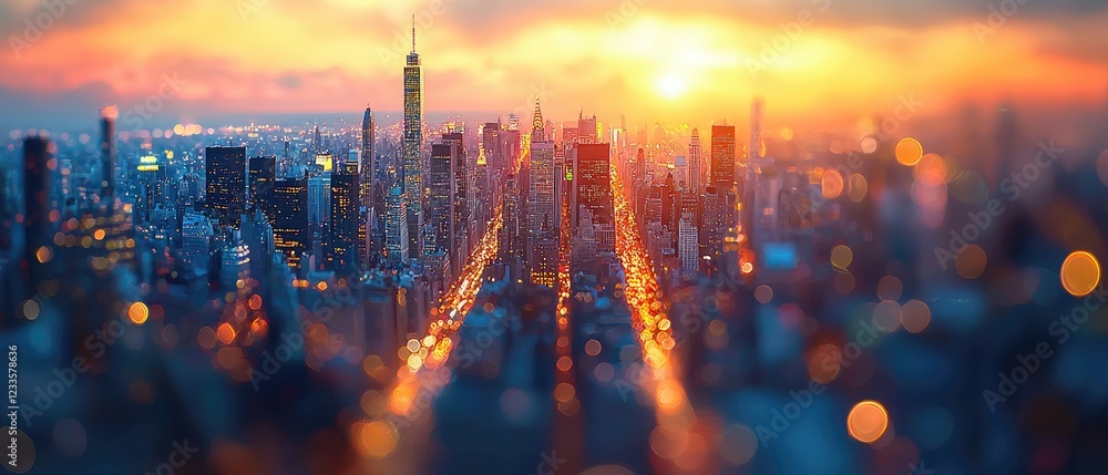 Fototapeta premium A vibrant sunset over a city skyline, highlighting urban life and architecture.