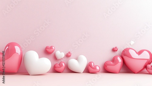 On the soft pink background, pink and white heart balloons of different sizes are arranged in a staggered manner, creating a sweet and romantic atmosphere.