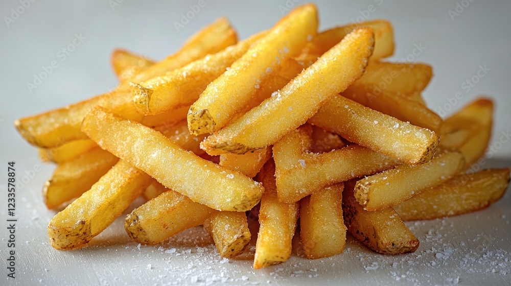 Golden crispy French fries piled high on a light background, ready to be served Golden crispy French fries piled high on a light background, ready to be served