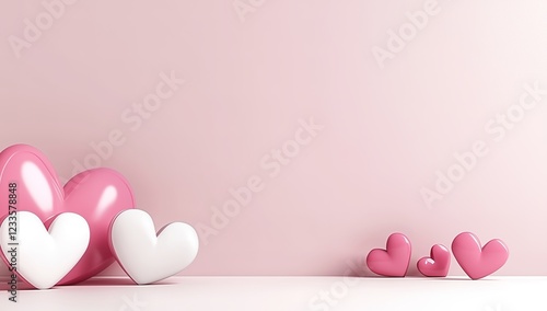 On the soft pink background, pink and white heart balloons of different sizes are arranged in a staggered manner, creating a sweet and romantic atmosphere.