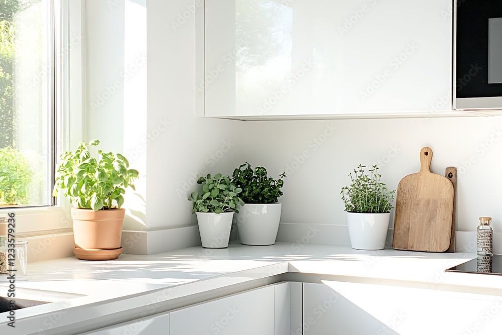 Minimalist White Kitchen Counter with Fresh Potted Herbs and Wooden Cutting Boards : Generative AI Minimalist White Kitchen Counter with Fresh Potted Herbs and Wooden Cutting Boards : Generative AI