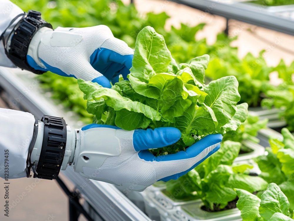 Green Tech concept. Hands in gloves carefully handle fresh green lettuce in a hydroponic farm setting, showcasing sustainable agriculture practices.