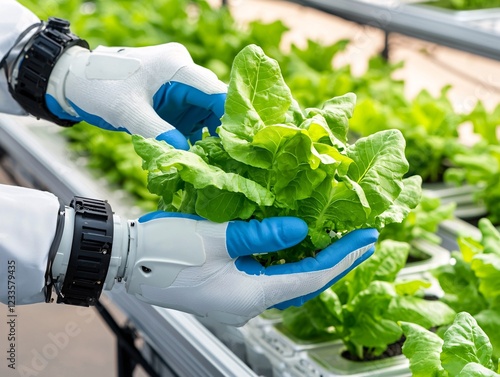 Obraz na płótnie Green Tech concept. Hands in gloves carefully handle fresh green lettuce in a hydroponic farm setting, showcasing sustainable agriculture practices. w salonie