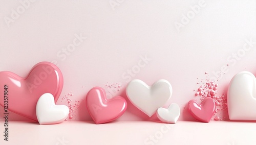 On the soft pink background, pink and white heart balloons of different sizes are arranged in a staggered manner, creating a sweet and romantic atmosphere.