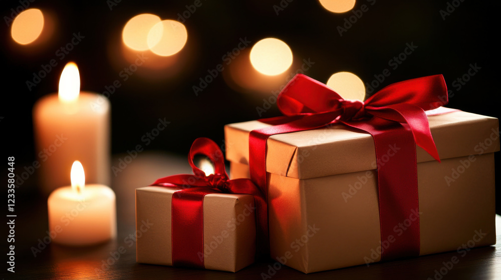 Elegant gift boxes wrapped in brown paper with red ribbons, glowing candles Elegant gift boxes wrapped in brown paper with red ribbons, glowing candles