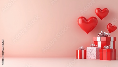 In front of the soft pink background, a bright red heart is suspended, and several red gift boxes with white ribbons are arranged in order below, creating a sweet and warm atmosphere.
