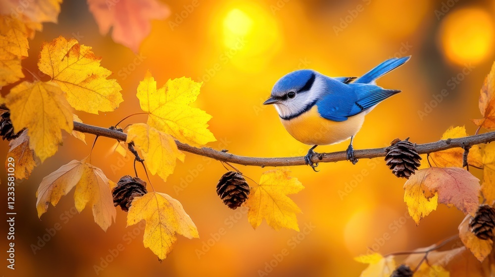 Fototapeta premium Blue bird perched on autumn branch with yellow leaves and pine cones.