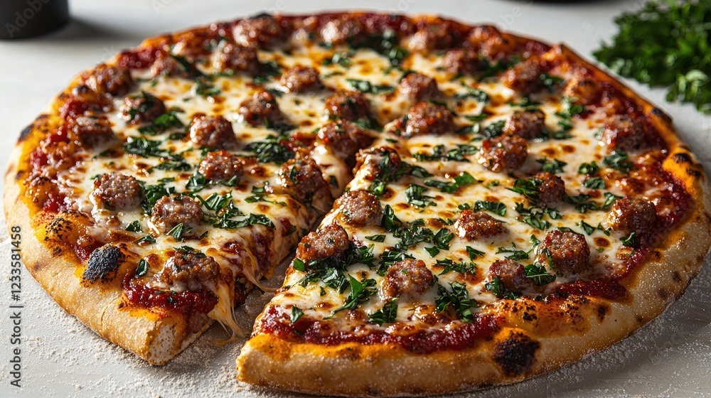 Freshly baked pizza topped with sausage and herbs, served on a white surface Freshly baked pizza topped with sausage and herbs, served on a white surface