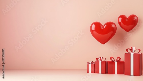 Two bright red hearts are suspended in front of a soft pink background, and several red gift boxes with white ribbons are arranged in sequence below, creating a sweet and warm atmosphere.