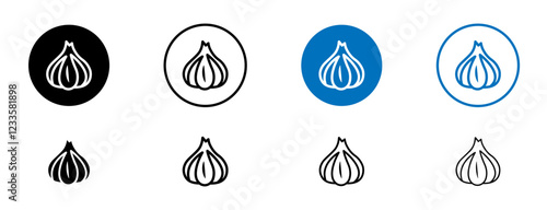 Garlic icons set in black and blue colors on white background