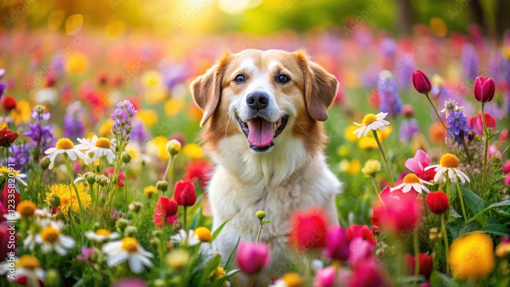 dog, surrounded by colorful flowers in a meadow, floral arrangement dog, surrounded by colorful flowers in a meadow, floral arrangement
