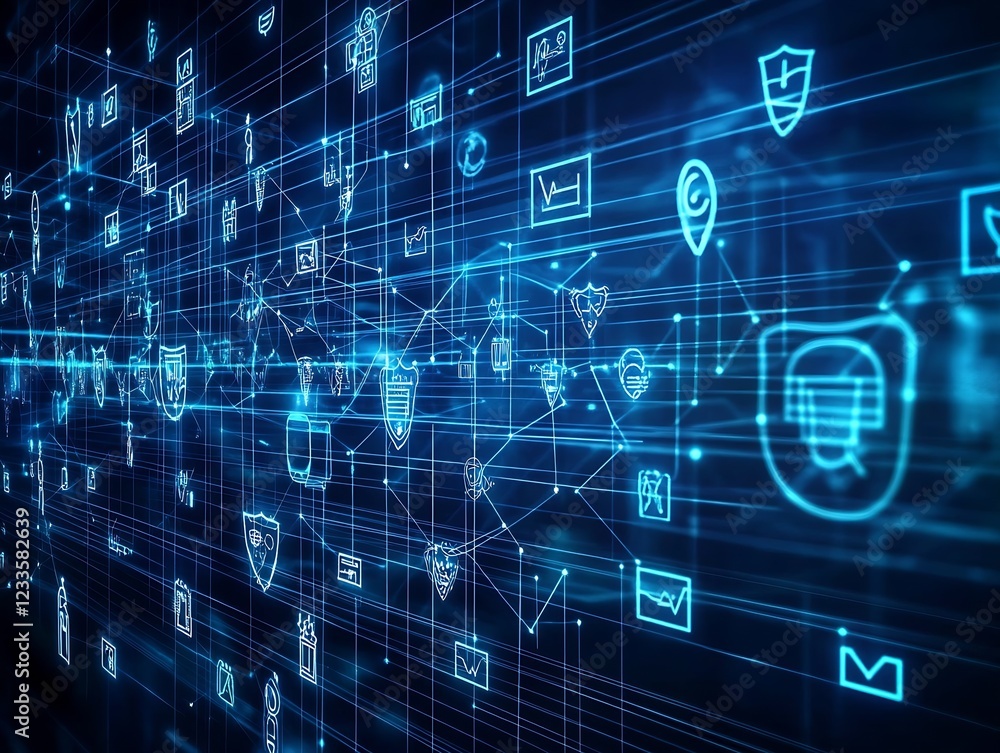 Futuristic Blue Digital Technology Background with Cybersecurity Icons and Connections : Generative AI Futuristic Blue Digital Technology Background with Cybersecurity Icons and Connections : Generative AI