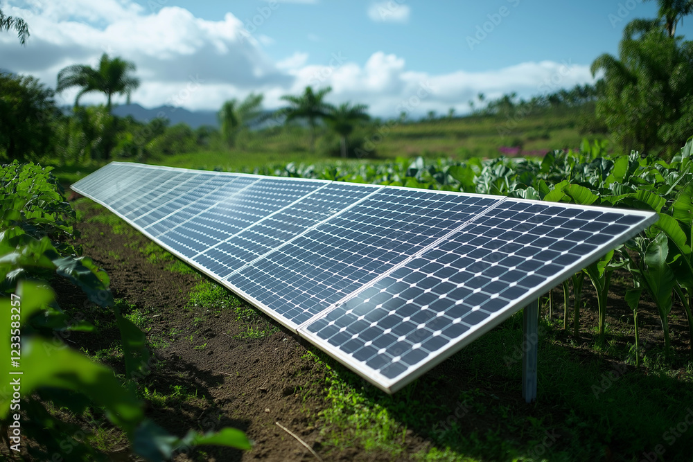 Sustainable Energy: Solar Panels in a Lush Agricultural Setting Sustainable Energy: Solar Panels in a Lush Agricultural Setting