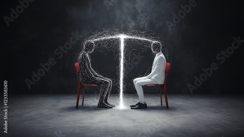 Two figures, one rendered as a wireframe and the other in a white suit, sit opposite each other, connected by a beam of light, representing a conceptual connection between the physical and digital rea photo