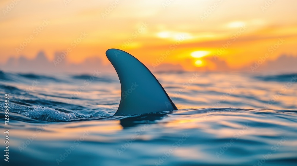 Naklejka premium Shark Fin Emerging from Ocean Surface During Vibrant Sunset