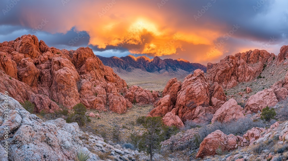 Dramatic sunset over red rock canyon landscape. Dramatic sunset over red rock canyon landscape.