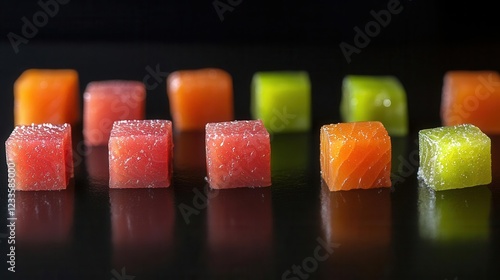 vibrant fresh sushigrade tuna cubes arranged artistically glistening with moisture on black slate dramatic side lighting macro photography photo