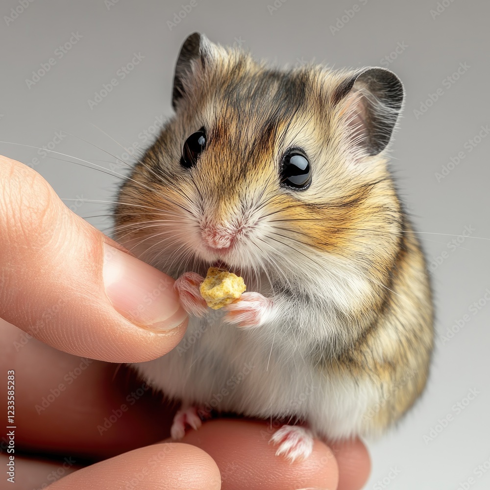 Close-Up of a Hamster Eating a Snack While Being Held in a Human Hand. Close-Up of a Hamster Eating a Snack While Being Held in a Human Hand.