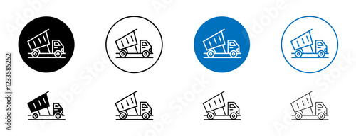 Tipper truck icons set in black and blue colors on white background