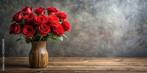 A stunning floral arrangement with a dozen long-stemmed red roses placed in a elegant wooden vase on a rustic stone table