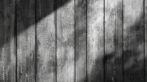 weathered barn wood wall with vertical silvergrey planks sunlight casting dramatic shadows across textured grain patterns photo