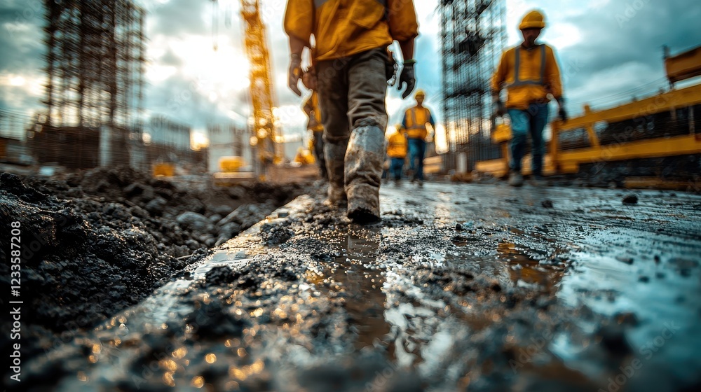 Construction workers walking on a muddy site during sunset. Construction workers walking on a muddy site during sunset.