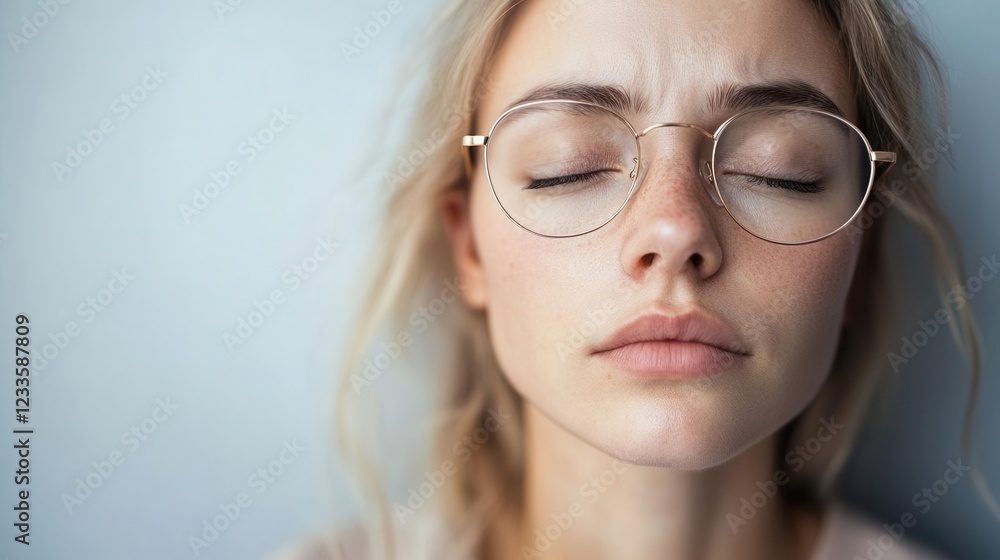 young woman with tired eyes in soft natural lighting minimal modern office setting muted tones wearing stylish glasses emotional portrait capturing digital eye strain young woman with tired eyes in soft natural lighting minimal modern office setting muted tones wearing stylish glasses emotional portrait capturing digital eye strain