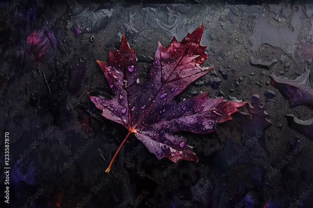 Obraz premium A maple leaf caught on a rainy window, surrounded by intricate water droplets and reflections of cloudy skies.