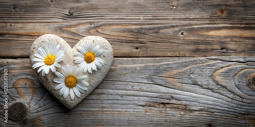 Debossed stone heart with g?nsebl?mchen on a weathered wooden background, landscape, heart,  landscape photo