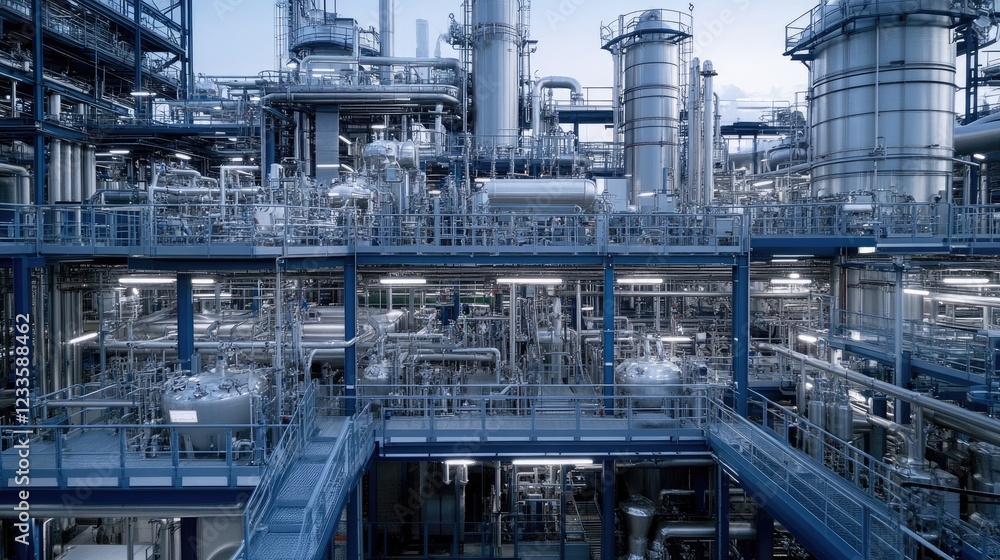 A factory with automated machinery optimizing energy use for lower emissions. A factory with automated machinery optimizing energy use for lower emissions.