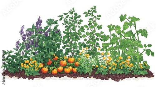 A vibrant permaculture vegetable garden featuring a variety of plants like beans, tomatoes, and herbs growing together sustainably, isolated on a white background
 photo