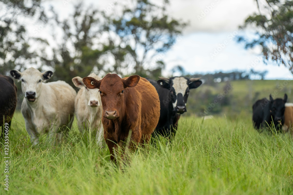 beautiful cattle in Australia eating grass, grazing on pasture. Herd of cows free range beef being regenerative raised on an agricultural farm. Sustainable farming beautiful cattle in Australia eating grass, grazing on pasture. Herd of cows free range beef being regenerative raised on an agricultural farm. Sustainable farming